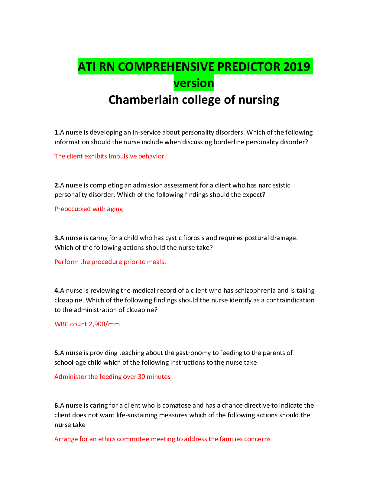 Preview image of ATI RN COMPREHENSIVE PREDICTOR 2019 version document